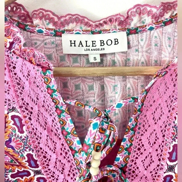 Hale Bob Los Angeles Adelaide Crochet Trim Pink Boho Pattern Blouse Size Small - Picture 8 of 15
